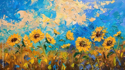 Vibrant Impasto Oil Painting of Sunflowers in a Field with Blue Sky