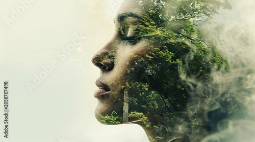 Composite image of a woman's face combined with a forest and a tower