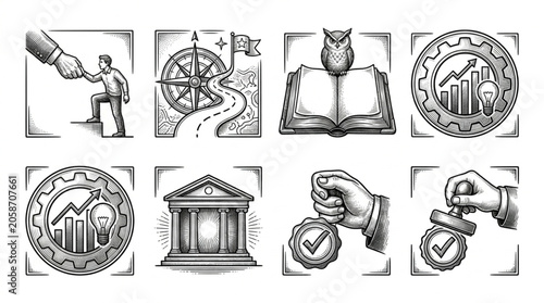 Set of business and finance icons in sketch style.