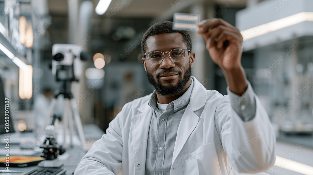 Obraz premium Academic researcher in a university lab holding a flexible thermoelectric film sample up to overhead light, examining its layered composite structure, thermal imaging camera