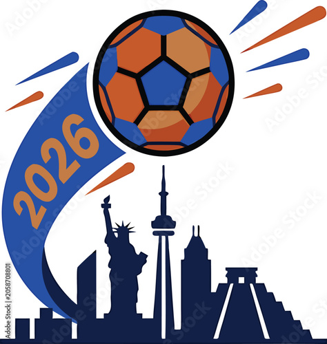 Soccer Ball And City Skyline Silhouette Vector Illustration With Year 2026