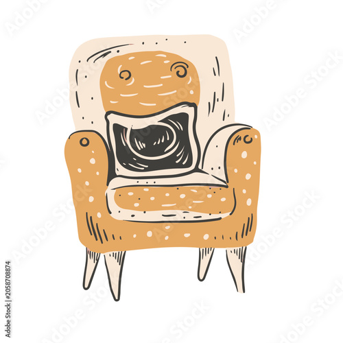 Cozy Armchair Hand Drawn Vector Illustration, Hygge Home Furniture Clipart
