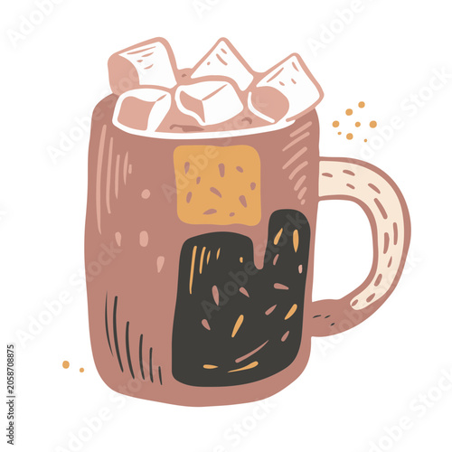 Hot Chocolate with Marshmallows Hand Drawn Vector Illustration, Cozy Winter Drink