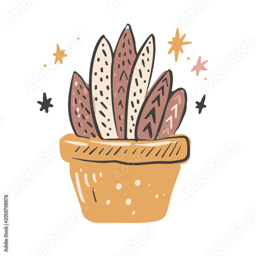 Boho Potted Plant Hand Drawn Vector Illustration, Cozy Home Decor Clipart