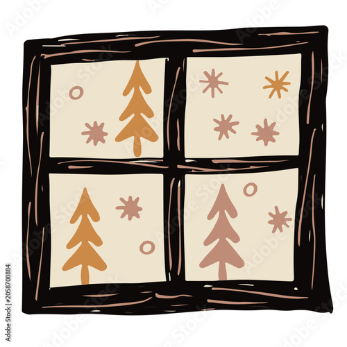 Winter Window View Hand Drawn Vector Illustration, Cozy Hygge Home Element