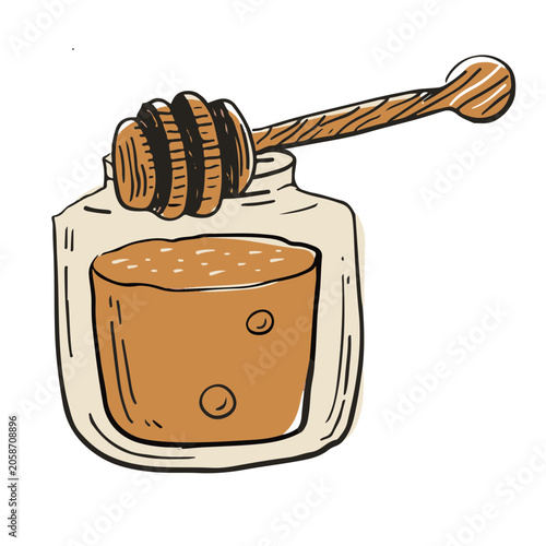 Honey Jar with Honey Dipper Hand Drawn Vector Illustration, Cozy Kitchen Element