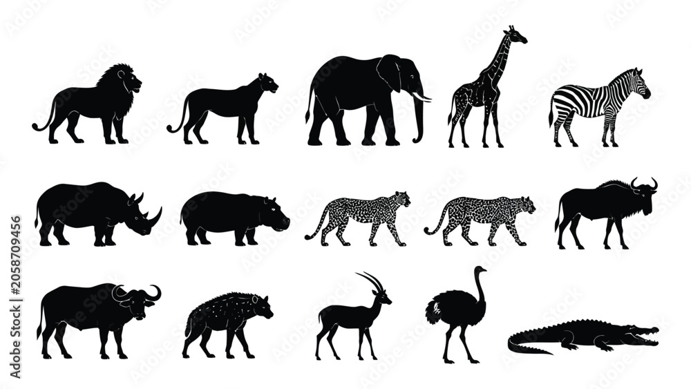 Fototapeta premium Collection of black silhouette animal illustrations including lions elephants giraffes rhinos leopards baboons crocodile