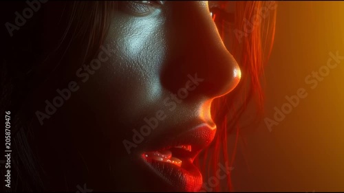 Close-up profile of a woman's face illuminated by dramatic red and yellow lighting