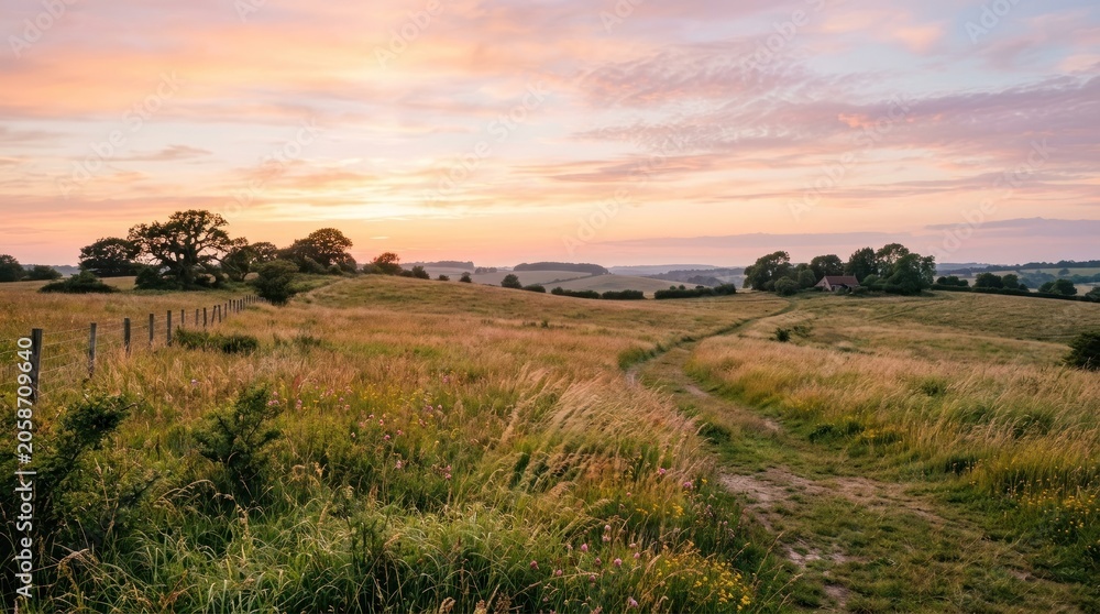 Fototapeta premium Serene countryside path through lush grassy fields at sunset with vibrant pink and orange sky hues