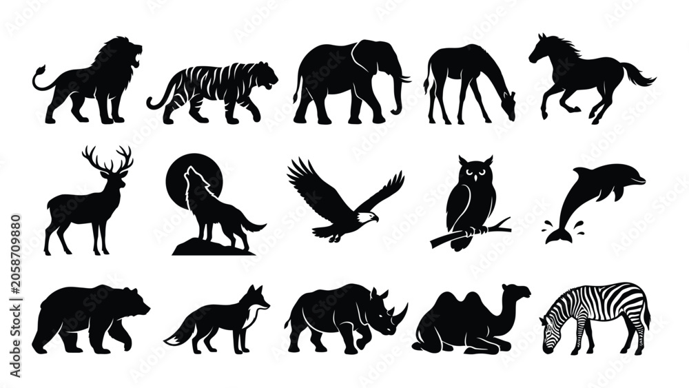 Obraz premium Silhouettes of wild animals including lions tigers elephants wolves owls dolphins and more in a black