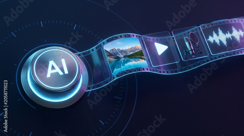 Glowing artificial intelligence button integrated with a cinematic film strip showing digital media production concepts today