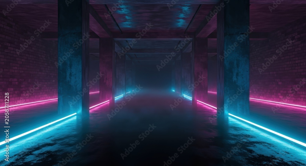 Fototapeta premium Futuristic Underground Corridor with Glowing Neon Blue and Pink LED Lights and Fog in Cyberpunk Style