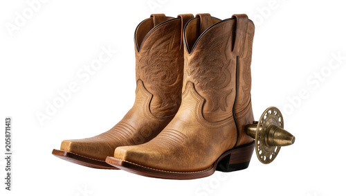 Fotografie Brown leather cowboy boots with ornate brass spur attached, isolated on transpar