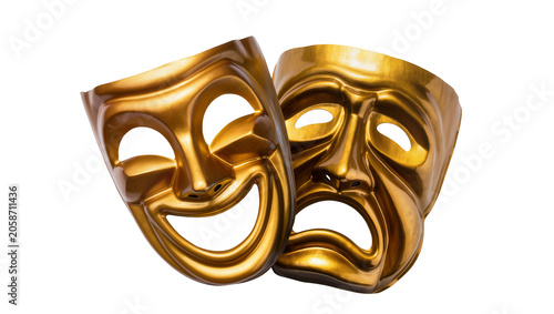Fotografie Golden comedy and tragedy theater masks, isolated on transparent background