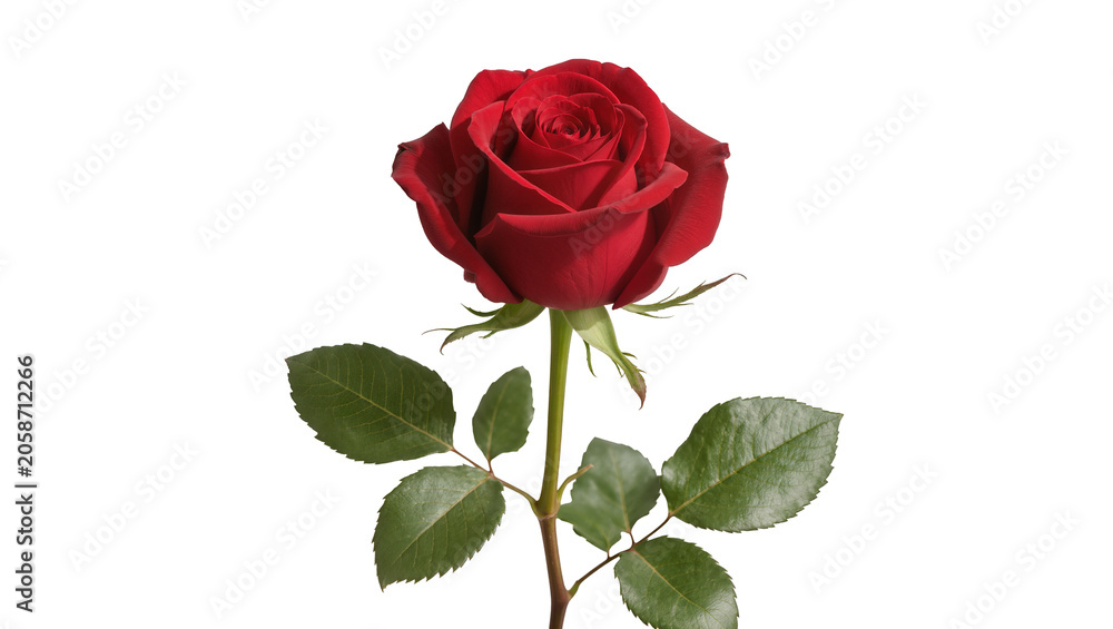 Fototapeta premium Single deep red rose with green leaves, isolated on transparent background