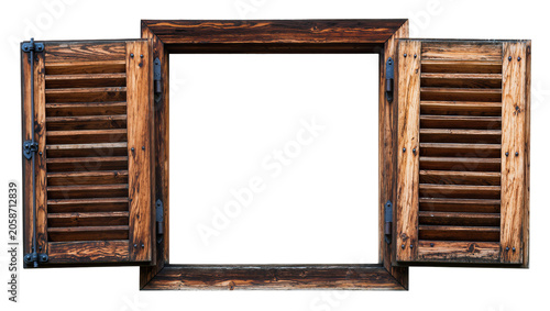 Canvastavla Rustic wooden louvered shutters open and aged, isolated on transparent backgroun