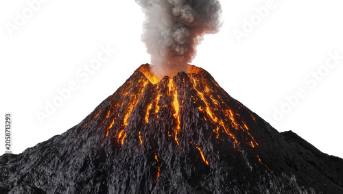 Cuadro en lienzo Active volcano erupting molten lava and smoke, isolated on transparent backgroun