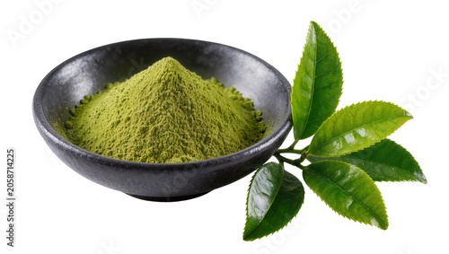 Schilderij op canvas Green matcha powder in dark bowl with fresh tea leaves