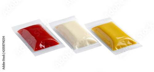 Blank Condiment Sachet Mockup for Mayo, Ketchup and Mustard Isolated on Transparent Background