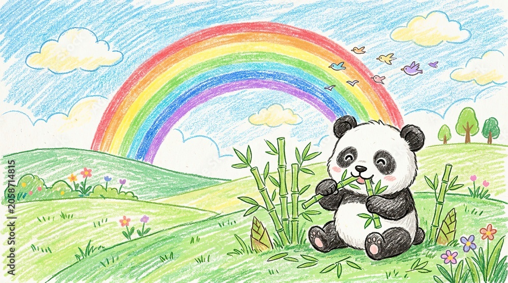 Fototapeta premium Cute Panda Eating Bamboo Under a Vibrant Rainbow in a Green Landscape.