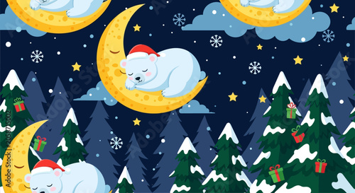 Cute polar bear sleeping on crescent moon, winter night, Christmas forest seamless pattern