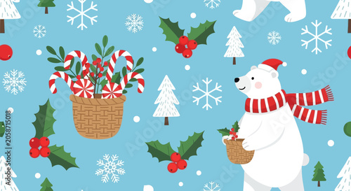 Cute Polar Bear with Candy Canes and Holly, Festive Christmas Pattern