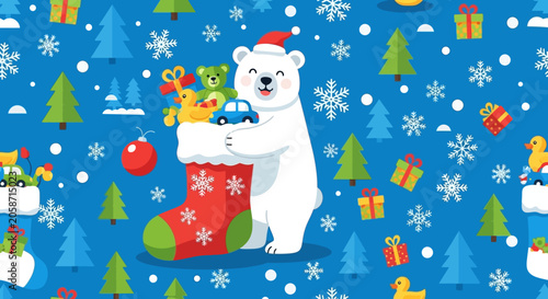 Cute Polar Bear with Christmas Stocking Full of Toys, Festive Winter Holiday Background