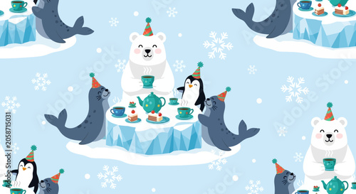 Cute Polar Bears and Seals Enjoying a Winter Tea Party on Ice Floes