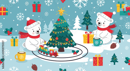 Cute polar bears decorating Christmas tree with presents and toy train, winter snow scene