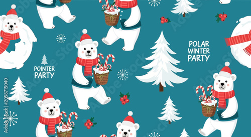 Cute Polar Bears Celebrating Winter Holidays with Candy Canes and Christmas Trees