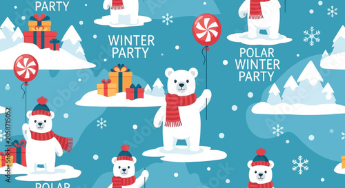 Cute Polar Bears Enjoying a Festive Winter Party with Gifts and Snowflakes