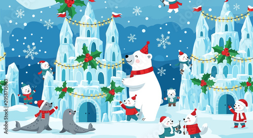 Cute polar bears and seals celebrate Christmas in an ice castle wonderland
