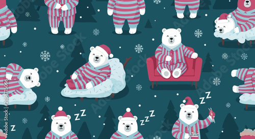 Cute Polar Bears in Pajamas, Winter Holiday Seamless Pattern