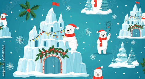 Cute polar bears celebrate winter holidays at a festive ice castle, surrounded by snow and Christmas trees.