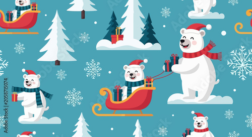 Cute polar bears in Santa hats with gifts and sleighs on a blue winter background with snowflakes and trees