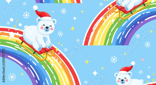 Cute polar bears in Santa hats sledding down rainbows, Christmas pattern