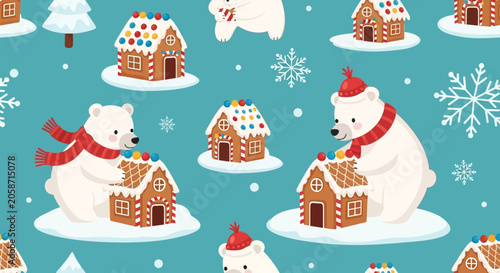 Cute polar bears decorating gingerbread houses, winter holiday seamless pattern