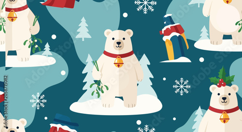 Cute Polar Bears in Snowy Winter Landscape with Christmas Decorations - Seamless Pattern
