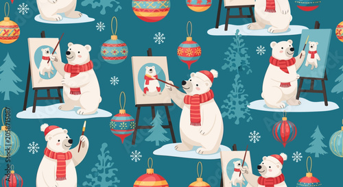 Cute polar bears painting Christmas portraits on easels, seamless pattern, winter holiday theme