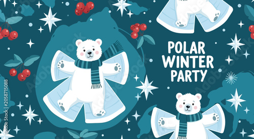 Cute Polar Bears Making Snow Angels, Winter Party Theme, Festive Holiday Design