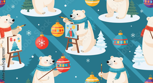 Cute Polar Bears Painting Christmas Scenes with Ornaments and Snow Trees