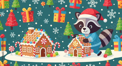 Cute Raccoon Decorating Gingerbread Houses with Christmas Gifts and Snowflakes