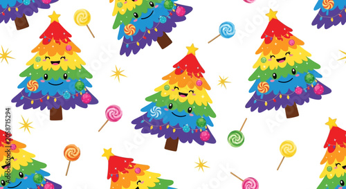 Cute Rainbow Christmas Tree Kawaii Pattern with Lollipops and Stars