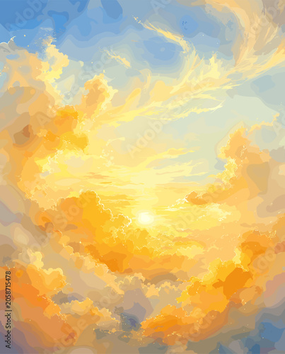 Fotografía Golden hour sun breaking through dramatic, painterly clouds, casting warm light across the sky