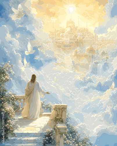 Photos Jesus figure in white robes stands on a rose-adorned balcony, gazing at a radiant heavenly city floating among golden clouds with doves flying