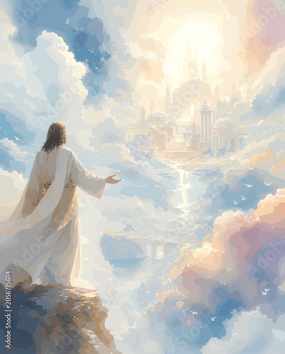 Tableau sur toile Jesus Christ stands on a cliff, gazing towards a radiant heavenly city in the clouds, symbolizing divine hope and spiritual journey