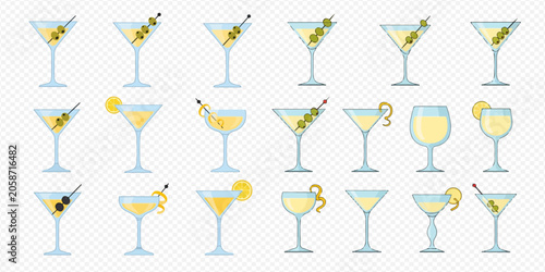 Canvas Print Set of various martini cocktails with olive and lemon garnishes in different glass styles, isolated on a transparent background