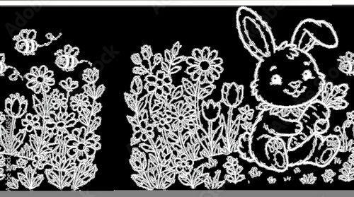 Cute cartoon bunny holding a carrot in a field of flowers with bees flying around.