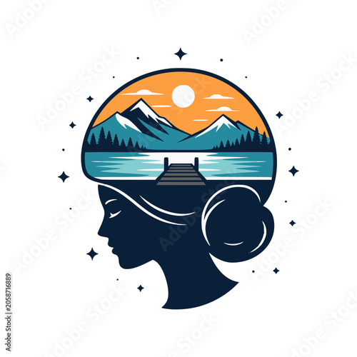 Mindful Serenity: A woman's silhouette cradles a breathtaking landscape, featuring majestic mountains, a tranquil lake, and a pier.