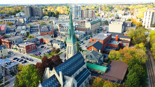 Aerial scene of Guelph, Ontario, Canada in beautiful fall